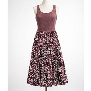 Awake Couture Boho Velvet Burnout Tiered Midi‎ Dress Sleeveless Maroon Small